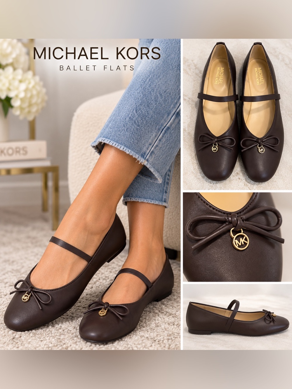 Michael Kors Brown Leather Mary Jane Ballet Flats with Bow & MK Charm